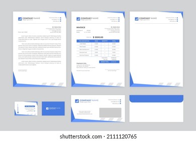 set of letter head, invoice, business card and envelope design with blue element