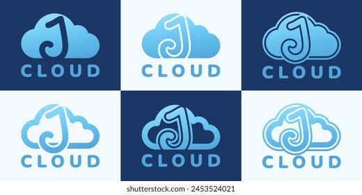 Satz des Buchstabens J blaues Wolkenlogo. Dieses Logo kombiniert Buchstaben und Cloud-Formen. Geeignet für Internetfirmen, App, Digitalspeicher und dergleichen.