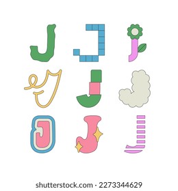 Set with letter J in different styles. Funny cartoon hand drawn style in pastel colors. Preschool education, alphabet concept. Vector illustration isolated on white background.