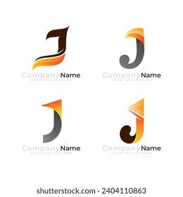 Set letter J logo with fire design combination, 3d colorful design