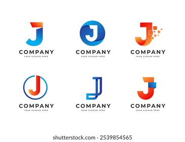 Conjunto de Colección de logotipo de Vector moderno letra J. Gradiente Abstractas Letra inicial F Diseño de logotipo de símbolo técnico. Símbolo inicial moderno para la identidad empresarial Corporativa. Conjunto de alfabeto Ilustración de logotipo de Vector