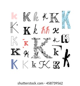 Set of letter K in different style. Collection of alphabet symbols. Vector illustration. Isolated on a white background