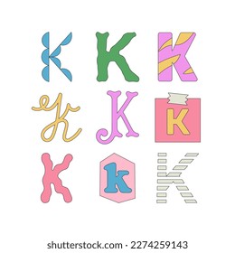 Set with letter K in different styles. Funny cartoon hand drawn style in pastel colors. Preschool education, alphabet concept. Vector illustration isolated on white background.