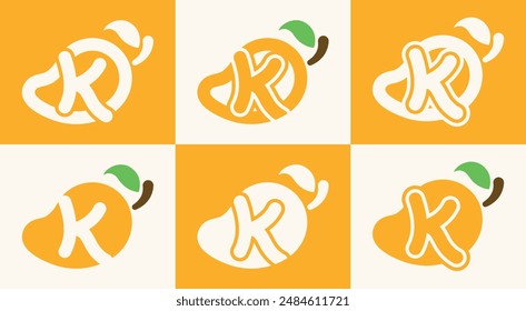 Set of letter K mango logo. This logo combines letters and a mango fruit. Perfect for fruit shops, juice store, farms, and the like.
