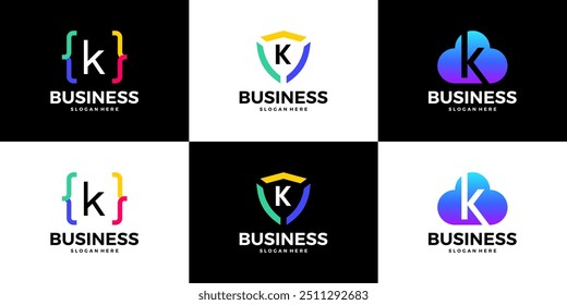 Set of letter K tech cloud, shield, coding logo design template.