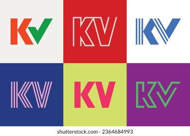 Set of letter KV logos. Abstract logos collection with letters. Geometrical abstract logos