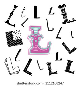 Set of letter L in different style. Freehand drawing on a white background. Can be used for scrapbook, postcards, etc.