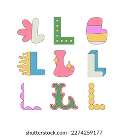 Set with letter L in different styles. Funny cartoon hand drawn style in pastel colors. Preschool education, alphabet concept. Vector illustration isolated on white background.