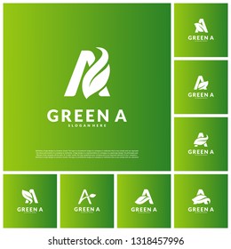 Set of Letter A with leaf logo template vector. Green initial A logo design concept. Icon symbol