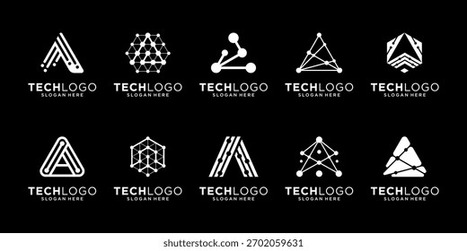 Set of letter A logo design. Geometric initial A isolated on black background. Geometric abstract logo icon vector.