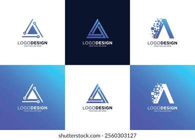 Set of letter A logo design with technology concept