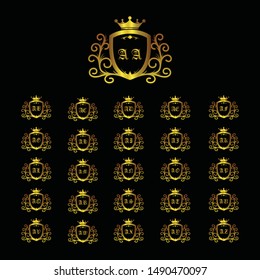 Set letter logo template on black background. collection of letters AA to AZ in a golden shield