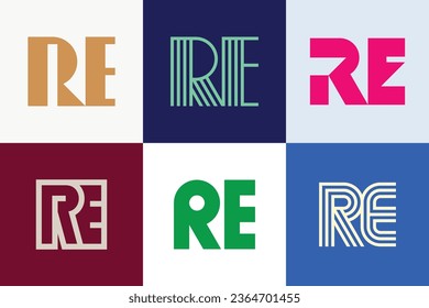 Set of letter RE logos. Abstract logos collection with letters. Geometrical abstract logos