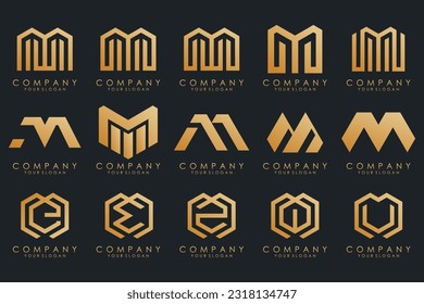 Set of letter M logo design vector. Collection of modern M letter design in gold.