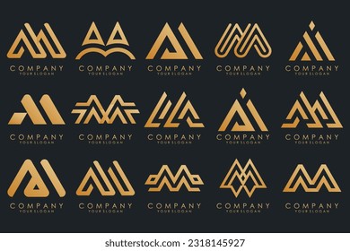 Conjunto de letras del vector de diseño del logotipo M. Colección de diseño moderno de letras M en oro.