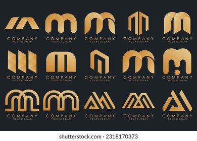 Conjunto de letras del vector de diseño del logotipo M. Colección de diseño moderno de letras M en oro.