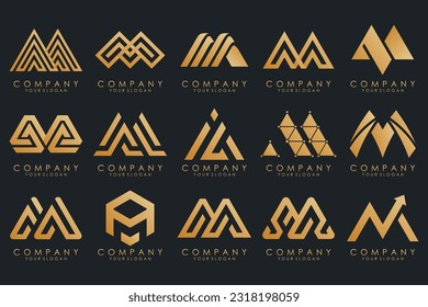 Set of letter M logo design vector. Collection of modern M letter design in gold.