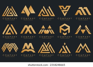 Set of letter M logo design vector. Collection of modern M letter design in gold.