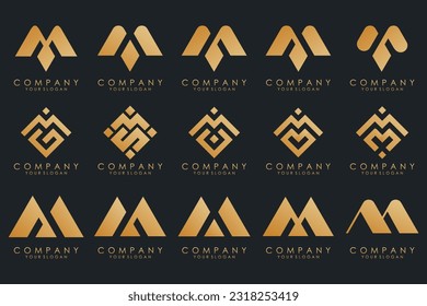 Set of letter M logo design vector. Collection of modern M letter design in gold.