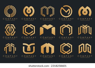Set of letter M logo design vector. Collection of modern M letter design in gold.