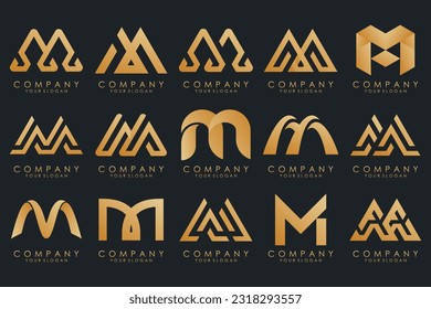 Conjunto de letras del vector de diseño del logotipo M. Colección de diseño moderno de letras M en oro.