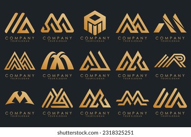 Set of letter M logo design vector. Collection of modern M letter design in gold.