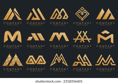 Set of letter M logo design vector. Collection of modern M letter design in gold.