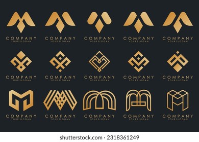 Conjunto de letras del vector de diseño del logotipo M. Colección de diseño moderno de letras M en oro.