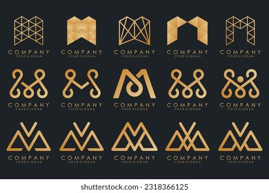 Conjunto de letras del vector de diseño del logotipo M. Colección de diseño moderno de letras M en oro.
