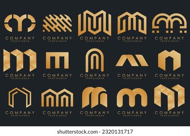Set of letter M logo design vector. Collection of modern M letter design in gold.