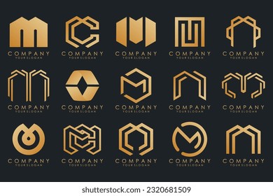 Set of letter M logo design vector. Collection of modern M letter design in gold.