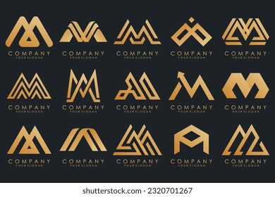 Conjunto de letras del vector de diseño del logotipo M. Colección de diseño moderno de letras M en oro.
