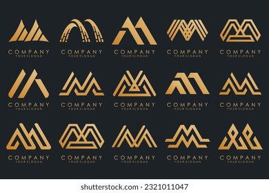 Set of letter M logo design vector. Collection of modern M letter design in gold.
