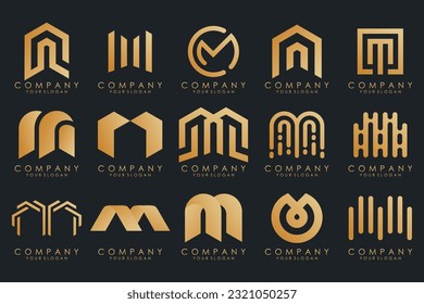 Conjunto de letras del vector de diseño del logotipo M. Colección de diseño moderno de letras M en oro.