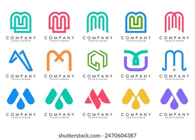Set of letter M logo design vector. Collection of modern M letter design in colorful.