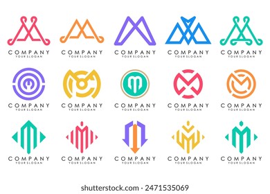 Set of letter M logo design vector. Collection of modern M letter design in colorful.