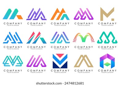 Set of letter M logo design vector. Collection of modern M letter design in colorful.
