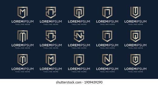 Zusammenstellung von Buchstaben M N V mit Monogramm und Schild. Logo-Design der Linie. Symbolisiert Zuverlässigkeit, Sicherheit, Leistung, Sicherheit. Luxuslogotype.