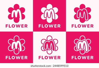 Set of letter M pink flower logo. This logo combines letters and pink flower shapes. Suitable for flower shops, flower farms, accessories shops and the like.