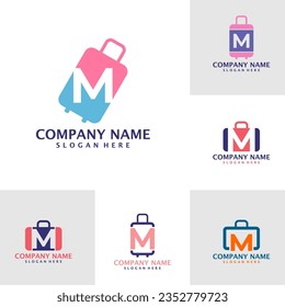 Conjunto de letras M con el vector de diseño del logotipo de maleta. Concepto de plantilla de diseño del logotipo inicial de M con maleta