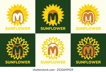 Logo de girasol de la letra M. Este logo combina letras y Formas de girasol. Adecuado para tiendas de flores, granjas de flores, tiendas de accesorios de flores y similares.