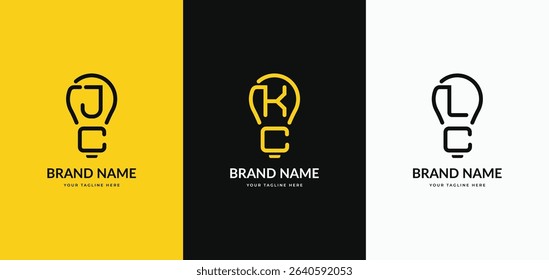 Set of letter mark JC or CJ, KC or CK, LC CL simple lines lightbulb shape logo design. Good to use for Creative business, electrical and technology company logo icon