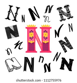 Set of letter N in different style. Freehand drawing on a white background. Can be used for scrapbook, postcards, etc.