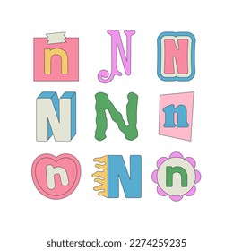 Set with letter N in different styles. Funny cartoon hand drawn style in pastel colors. Preschool education, alphabet concept. Vector illustration isolated on white background.