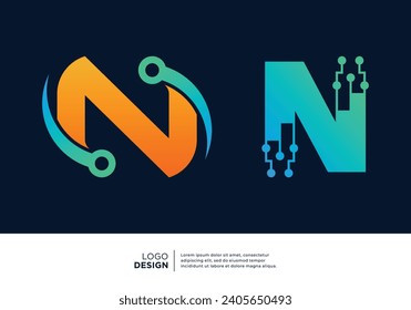 Set of Letter N digital data connection logo design.