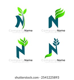 Set Buchstabe N Logo mit Blatt Natur Design, grüne Farbe, Baum Logos