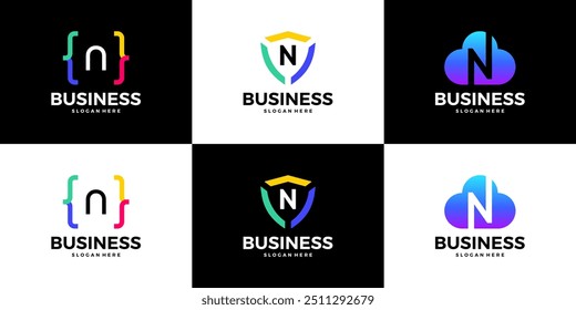Set of letter N tech cloud, shield, coding logo design template.