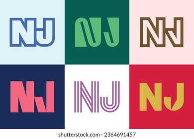 Set of letter NJ logos. Abstract logos collection with letters. Geometrical abstract logos