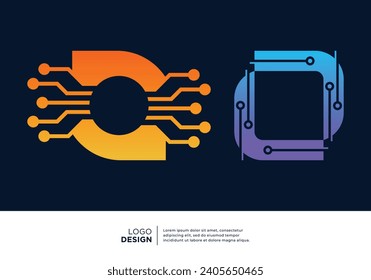 Diseño del logotipo de conexión de datos digitales de conjunto de letras O.