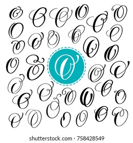 Set letter O. Hand drawn vector flourish calligraphy. Script font. Isolated letters written with ink. Handwritten brush style. Hand lettering for logos packaging design poster.